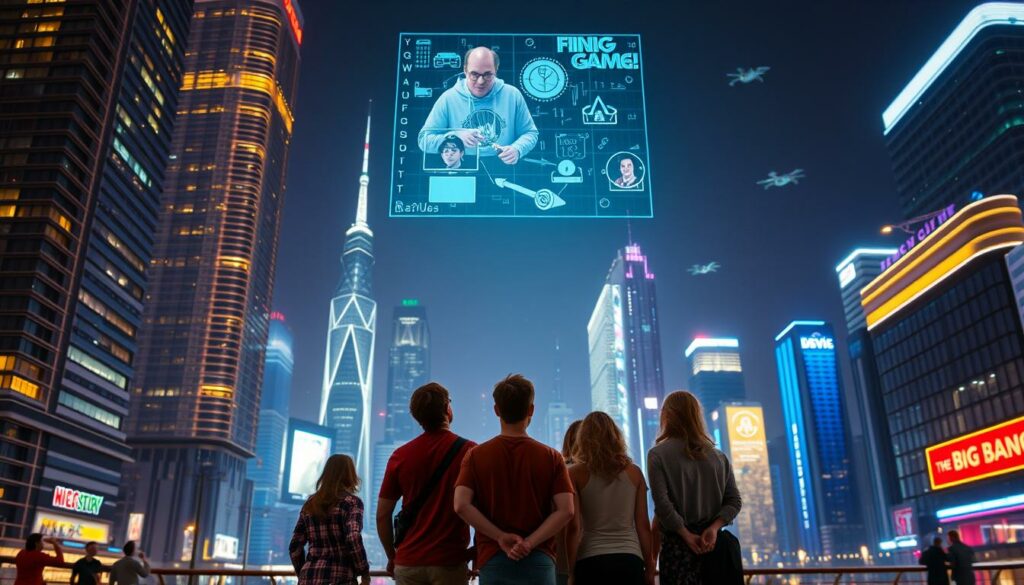 A futuristic cityscape at night, with towering skyscrapers and hovering vehicles illuminated by neon lights. In the foreground, a group of friends, likely the cast of "The Big Bang Theory," stand together, gazing up at the sky as a dazzling display of holographic images unfolds above them, hinting at the vast technological advancements of this future world. The scene is bathed in a warm, vibrant color palette, evoking a sense of optimism and excitement for the future of the beloved franchise. The composition captures the characters' wonder and curiosity, inviting the viewer to imagine the boundless possibilities that await in this reimagined "Big Bang Theory" universe.