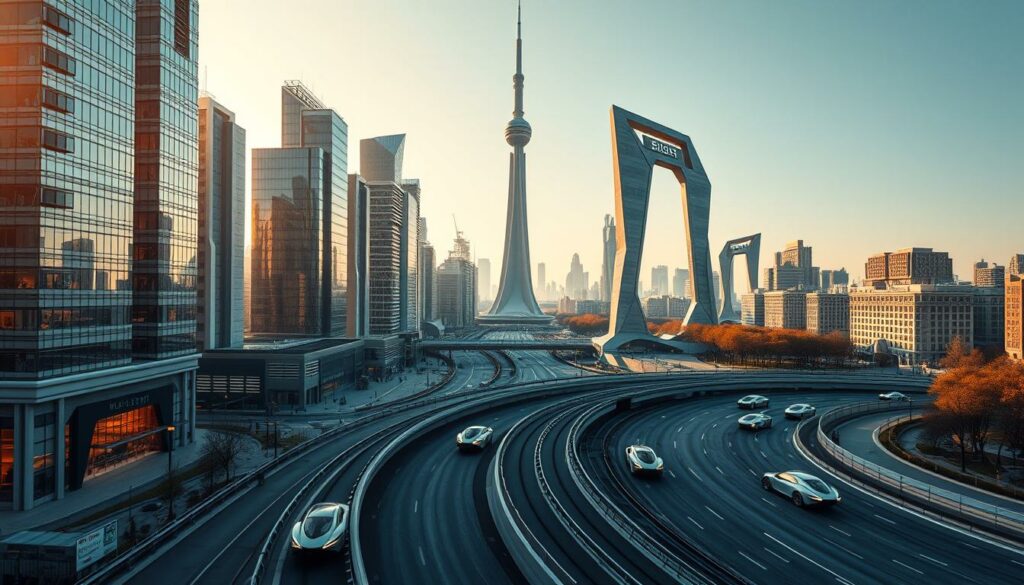 A futuristic cityscape with the Kornwestheimer Ring as the focal point. In the foreground, sleek, high-rise buildings with gleaming glass facades and intricate architectural details. In the middle ground, hover-cars and autonomous transports glide along the circular road, their movements precise and efficient. The background features a towering, angular structure resembling a modernist art installation, casting long shadows across the scene. The lighting is a blend of warm, golden hues and cool, blue tones, creating a sense of technological innovation and progress. The overall atmosphere is one of dynamic, forward-thinking urban development, hinting at the transformation of the "Horror-Platte" into a vibrant, futuristic hub.