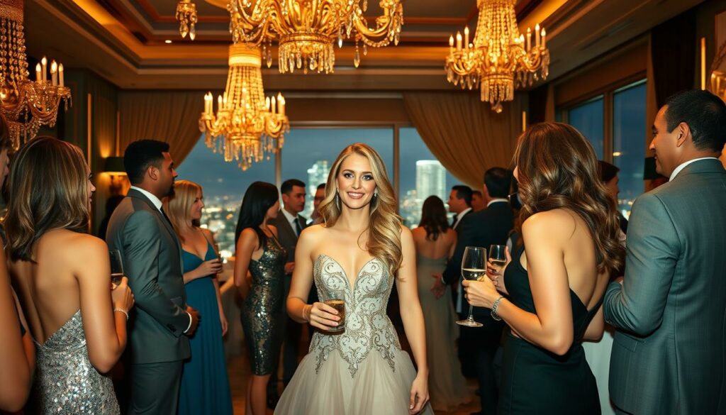 A glamorous Hollywood party scene with Blake Lively at the center, surrounded by a lively network of celebrity friends. The foreground features Blake in a stunning designer gown, radiating charisma and confidence as she engages in lively conversation. The middle ground captures the elegant atmosphere, with meticulously dressed guests mingling, sipping champagne, and exchanging lively banter. The background showcases the luxurious setting, with opulent chandeliers, plush furnishings, and floor-to-ceiling windows offering a glimpse of the glittering Los Angeles skyline. Soft, warm lighting creates a inviting, exclusive ambiance, highlighting the exclusive nature of this Hollywood social circle.