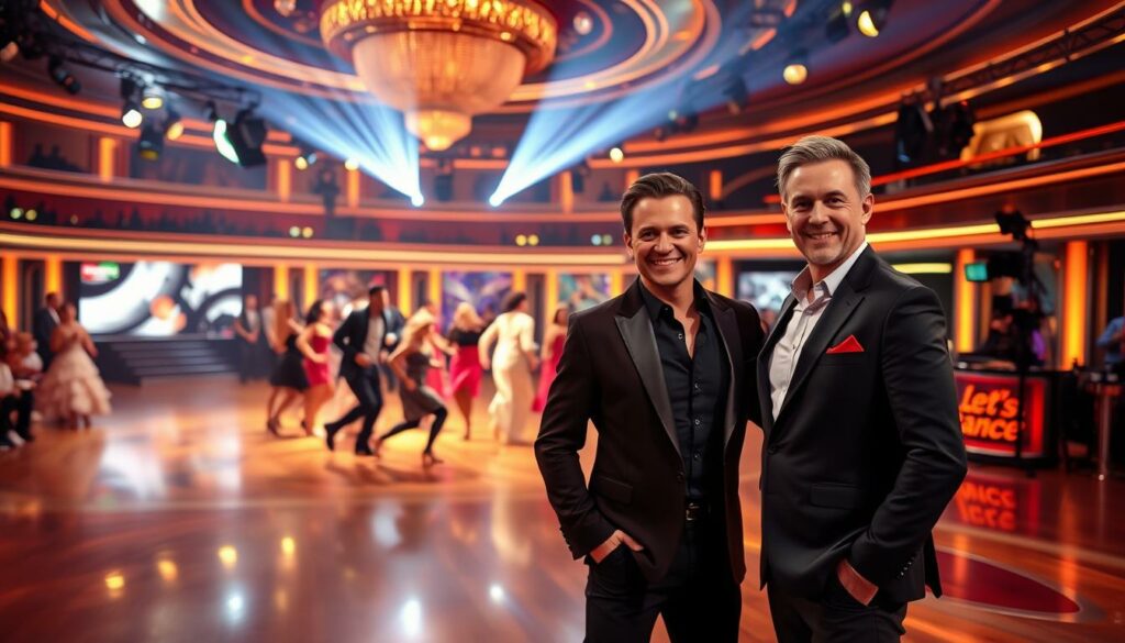 A glamorous ballroom stage with warm, dramatic lighting. In the foreground, two charismatic television hosts stand confidently, their stylish outfits and friendly expressions conveying a sense of excitement and anticipation. In the middle ground, a swirling, energetic dance floor with a lively crowd of costumed performers. In the background, a sleek, modern television studio setting with sophisticated camera equipment and lighting rigs. The overall atmosphere is one of vibrant, high-energy entertainment, perfectly capturing the essence of the popular "Let's Dance" television program.
