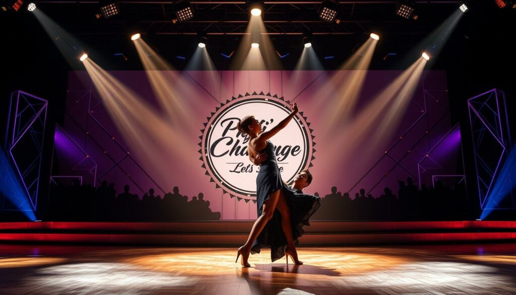 A glamorous dance stage set with a stylized "Profi-Challenge Let's Dance" logo prominently displayed in the center. The stage is illuminated by dramatic stage lighting, casting dramatic shadows and highlights on the floor. In the foreground, two professional dancers in elegant ballroom attire strike a dynamic, passionate pose, their bodies intertwined in a graceful, balletic movement. In the middle ground, the silhouettes of an audience can be seen, creating a sense of energy and anticipation. The background features a sleek, modern design with minimalist geometric shapes and patterns, adding a touch of sophistication to the scene. The overall mood is one of excitement, elegance, and the thrill of competitive dance.