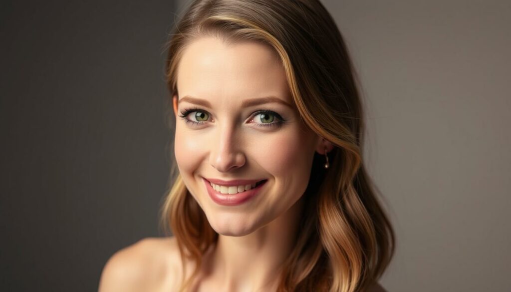 A glamorous headshot of Anna Kendrick, with a warm, confident expression and a hint of a smile. Soft, directional lighting illuminates her face, accentuating her delicate features and luminous skin. The background is a simple, elegant studio setup, with a subtle gradient that draws the eye to the subject. The overall mood is one of poise, professionalism, and a sense of Kendrick's impending transition into a new creative endeavor, such as directing. The camera angle is slightly elevated, giving a sense of authority and presence. The image conveys a sophisticated, cinematic aesthetic that would be well-suited to illustrate the "Zukünftige Projekte: Was kommt als Nächstes?" section of the article.