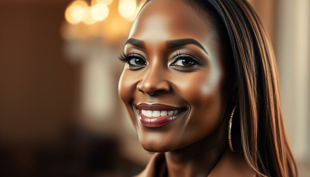 A glamorous headshot of Mekia Cox, an American actress known for her roles in television shows like Once Upon a Time and Dynasty. The image features her in a close-up, captured with soft, flattering lighting that accentuates her delicate features and warm, radiant expression. The background is slightly blurred, creating a sense of depth and focus on her face. The overall mood is one of sophistication and professionalism, reflecting her successful acting career and diverse range of projects. The angle and composition draw the viewer's attention to her confident, poised demeanor, conveying the wealth and prestige associated with her esteemed career.