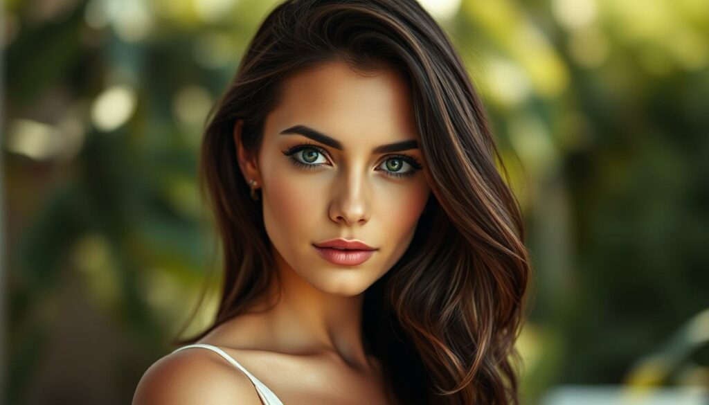 A glamorous portrait of Ana de Armas, captured in natural lighting and a soft focus. Her beautiful face is the focal point, framed by her signature dark hair. The background is blurred, creating a sense of intimacy and emphasizing her captivating gaze. The image conveys a balance of her professional success and personal aspirations, reflecting the harmony between her career and private life. The overall mood is one of elegance, sophistication, and quiet confidence.