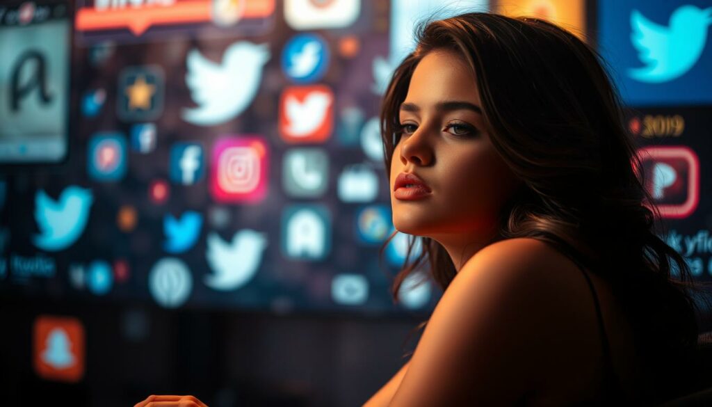 A glamorous portrait of Selena Gomez lost in a pensive moment, surrounded by the swirling ethereal glow of social media. She sits against a blurred backdrop of digital screens and icons, her face illuminated by a warm, soft light that casts dramatic shadows, emphasizing her introspective expression. The composition is balanced and visually captivating, conveying a sense of Selena's complex relationship with the ever-present influence of social media in her life. The overall mood is contemplative and introspective, inviting the viewer to ponder the impact of technology on modern celebrity.