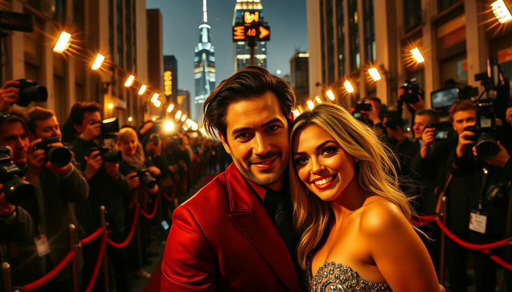 A glamorous red carpet scene in Hollywood, flashbulbs popping as a famous celebrity couple pose for the paparazzi. The foreground is a striking close-up of the couple, their expressions a mix of excitement and unease as they navigate the media frenzy surrounding their relationship. The middle ground features a crowd of eager photographers, their cameras raised high, capturing every moment. In the background, a towering skyscraper skyline sets the scene, hinting at the grand scale of their public lives. Warm, theatrical lighting casts dramatic shadows, adding to the sense of drama and spectacle. The overall mood is one of heightened emotion, showcasing the intense public scrutiny and fascination with high-profile celebrity relationships.