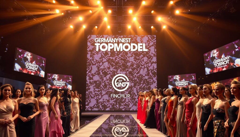 A glamorous stage set for the grand finale of "Germany's Next Topmodel", bathed in a warm, golden glow. In the foreground, a group of stunning models in couture gowns and immaculate makeup stand poised, their expressions radiating a mix of anticipation and confidence. In the middle ground, spotlights illuminate the sleek, modern runway, leading the eye towards a towering backdrop of shimmering LED screens displaying the show's iconic logo. The atmosphere is electric, with a sense of excitement and drama permeating the scene. The camera captures this pivotal moment, frozen in time, as the contestants await the announcement of the winner who will claim the coveted title.