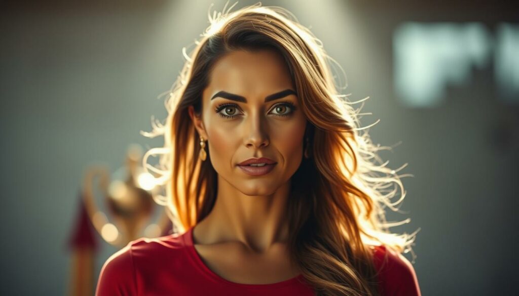 A glamorous woman with a confident, radiant presence stands in the center of the frame, her gaze transfixed on the camera. She is Sabia Boulahrouz, a renowned figure in the world of football, making a captivating comeback. The lighting is soft and flattering, accentuating her delicate features and high cheekbones. The background is a blurred, minimalist setting, allowing the subject to take center stage. Subtle hints of her sporting prowess are present, perhaps a jersey or trophy, hinting at her impressive career and the determination that has brought her back into the spotlight. The overall tone is one of elegance, strength, and a sense of renewed purpose, conveying the essence of Sabia's triumphant return.