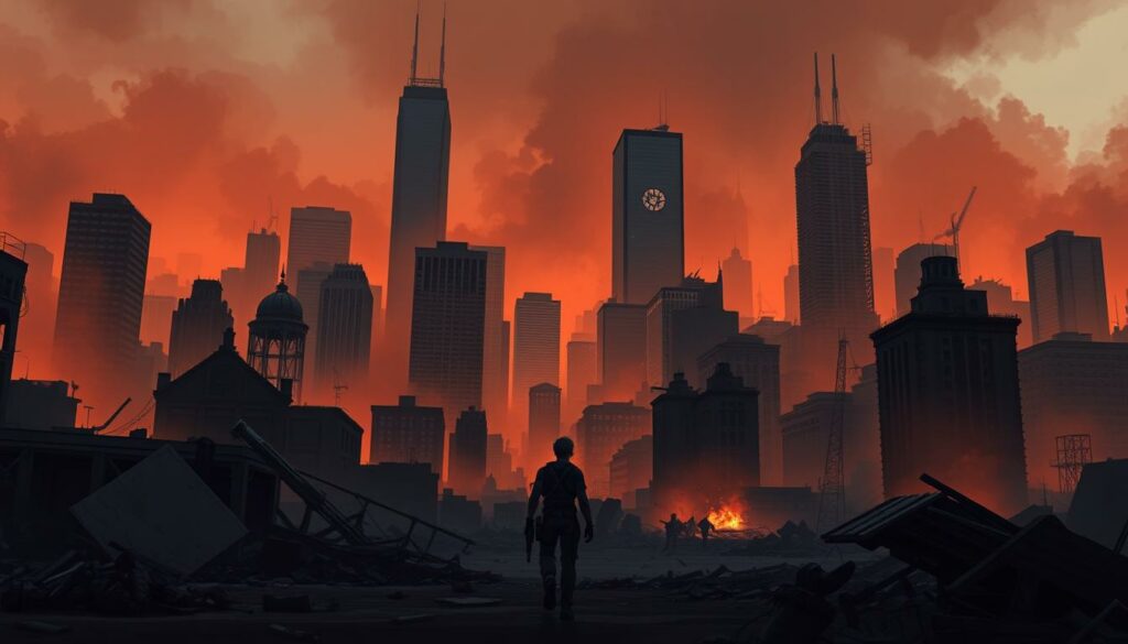 A gloomy, post-apocalyptic city skyline of Tall Oaks, a fictional American city from the Resident Evil video game franchise. The scene depicts a chaotic urban landscape shrouded in an eerie, orange-tinted haze, with towering skyscrapers and crumbling buildings in the background. In the foreground, a lone figure, presumably Leon S. Kennedy, the game's protagonist, navigates the debris-strewn streets, his weapon drawn, as he confronts the horrors of the Tall Oaks zombie outbreak. The lighting is dramatic, with deep shadows and highlights that accentuate the sense of danger and foreboding. The overall atmosphere conveys the high-stakes, survival-horror tone of the Resident Evil franchise.