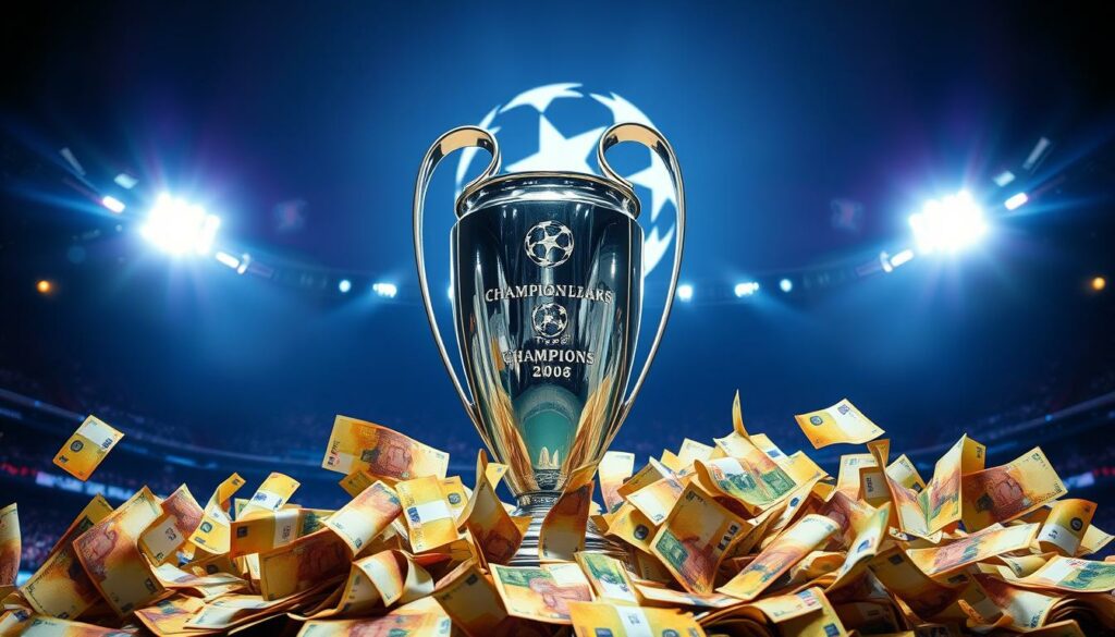 A grand Champions League trophy stands resplendent, its gleaming metallic surface reflecting the vibrant lights of the stadium. Surrounding it, a swirling motion of Euro banknotes, signifying the financial boost that the prestigious tournament brings to the winning club. In the background, a dynamic, impressionistic representation of the iconic Champions League emblem, its bold design conveying the magnitude and prestige of the competition. The overall scene exudes a sense of triumph, wealth, and the transformative power of success on the European stage, perfectly capturing the essence of "Champions League Finanzboost" and its impact on the fortunes of Eintracht Frankfurt.