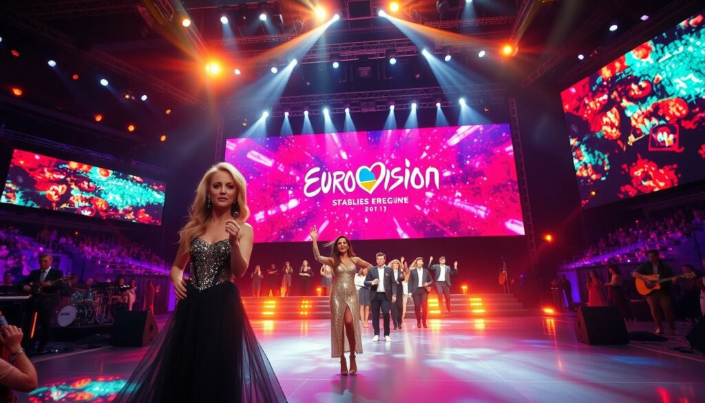 A grand Eurovision stage, bathed in a dazzling array of stage lights and spotlights, casting a warm, theatrical glow across the vibrant, dynamic scene. The foreground features a captivating singer, France Gall, dressed in a glamorous, sparkling evening gown, her face alight with the passion and energy of her performance. In the middle ground, a talented ensemble of backup dancers and musicians, all moving in perfect synchronicity, creating a mesmerizing visual spectacle. The background is filled with a massive, state-of-the-art LED screen displaying vivid, ever-changing visuals, immersing the viewer in the electrifying atmosphere of the Eurovision contest. The overall mood is one of sheer exhilaration, celebration, and the timeless magic of France Gall's enduring musical legacy.