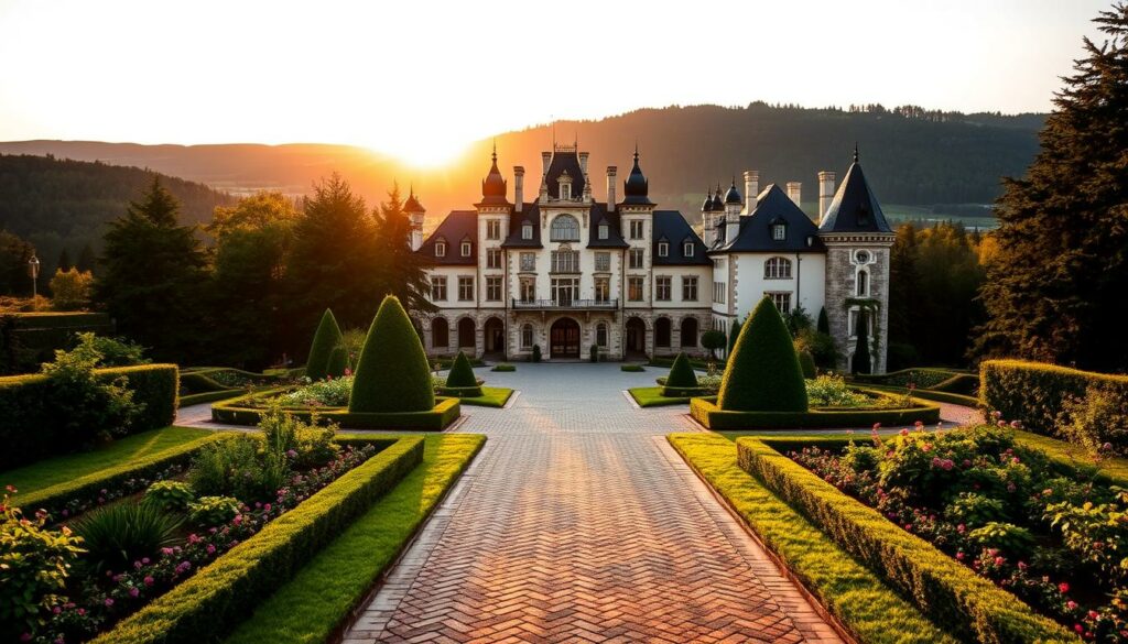 A grand castle nestled atop a verdant hillside, its elegant façade bathed in the warm glow of the setting sun. Schloss Freudenstein, a picturesque wedding venue, its stately turrets and ornate architecture creating a fairytale-like atmosphere. In the foreground, a manicured garden path leads towards the castle's arched entryway, flanked by lush flower beds and neatly trimmed hedges. The middle ground reveals a tranquil courtyard, its cobblestone surface reflecting the intricate architectural details. In the background, a densely forested landscape stretches out, adding a sense of seclusion and privacy to this enchanting location. Soft natural lighting casts long shadows, accentuating the grand scale and timeless elegance of this stunning Bavarian castle, the perfect setting for a truly memorable wedding celebration.