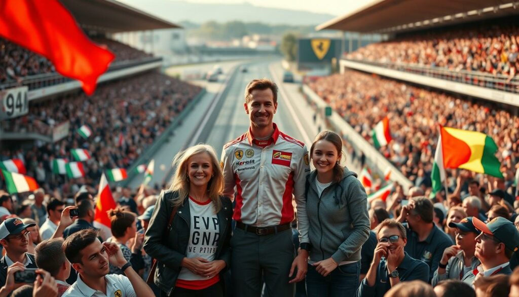 A grand celebration at the Monza Grand Prix, where family and loyal fans gather to honor the legendary Michael Schumacher. In the foreground, Schumacher stands tall, surrounded by his beaming wife Corinna and children Gina and Mick, their faces alight with pride. The middle ground is a sea of cheering spectators, waving flags and banners that showcase their unwavering support. In the background, the iconic Monza circuit serves as a fitting stage, bathed in the warm glow of the afternoon sun. The mood is one of unbridled joy and reverence, as the Schumacher clan is feted for their remarkable achievements in the sport. A touching moment that encapsulates the special bond between a racing icon and his devoted family and fans.