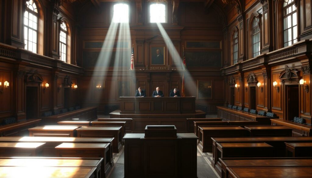 A grand courtroom in the Hamburg Landgericht, sunlight streaming through tall windows, illuminating the polished oak benches and ornate architecture. In the center, a raised dais where a panel of esteemed judges sit, their expressions solemn and attentive. At the front, a witness stand and podium, the focus of all eyes as a legal drama unfolds. The atmosphere is one of quiet anticipation, the air thick with the weight of justice and the stakes at hand. Capturing the gravitas and significance of this pivotal legal proceeding.