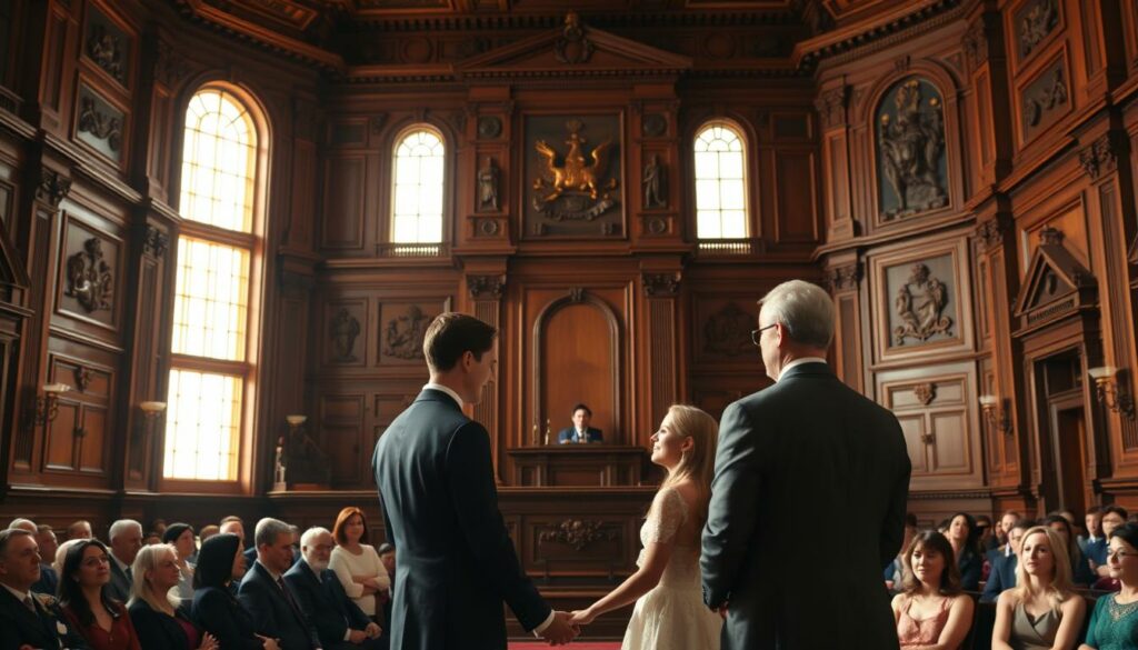 A grand courtroom with ornate wooden paneling and intricate architectural details. The judge's bench stands elevated, illuminated by warm, natural lighting streaming through tall windows. In the foreground, a couple stands before the judge, dressed formally, their faces radiating joy and anticipation as they officially become a new family. The spectators, family and friends, are seated in the gallery, their expressions filled with happiness and celebration. The mood is one of solemnity and profound significance, capturing the gravity and beauty of this life-changing moment.