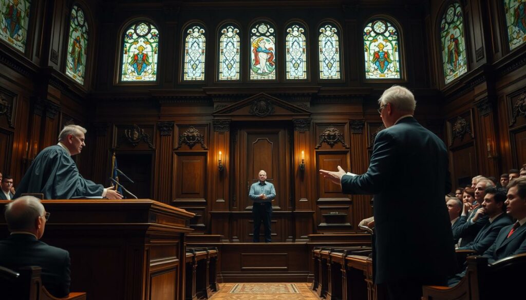 A grand courtroom with ornate wooden paneling and stained glass windows, casting a somber, authoritative atmosphere. In the foreground, a judge's bench stands tall, presided over by a stern-faced jurist in a flowing black robe. At the center, a defendant stands solemnly, flanked by their legal counsel, as a prosecutor delivers a impassioned opening statement, gesturing emphatically. Rows of spectators observe the proceedings with a mix of curiosity and tension. Dramatic chiaroscuro lighting accentuates the gravity of the scene, creating deep shadows and highlights that convey the high stakes of the trial.
