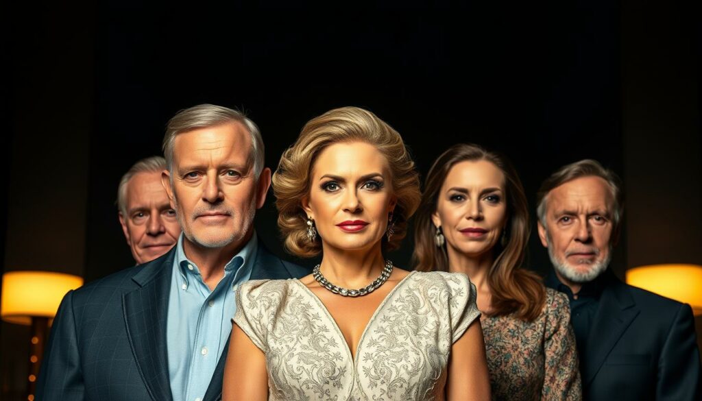A grand family portrait of the Bohlen dynasty, a captivating tapestry of influential figures. In the foreground, Dieter Bohlen stands tall, his piercing gaze commanding attention. Beside him, his wife Estefania Bohlen radiates elegance, her regal posture and refined features reflecting the dynasty's poise. In the middle ground, their children gather, each conveying the family's distinct personalities - ambition, charisma, and unwavering determination. The background frames the scene with a sophisticated, high-contrast lighting, casting dramatic shadows that accentuate the subjects' powerful presence. This image captures the essence of the Bohlen dynasty, a powerful and multifaceted force that has left an indelible mark on the cultural landscape.