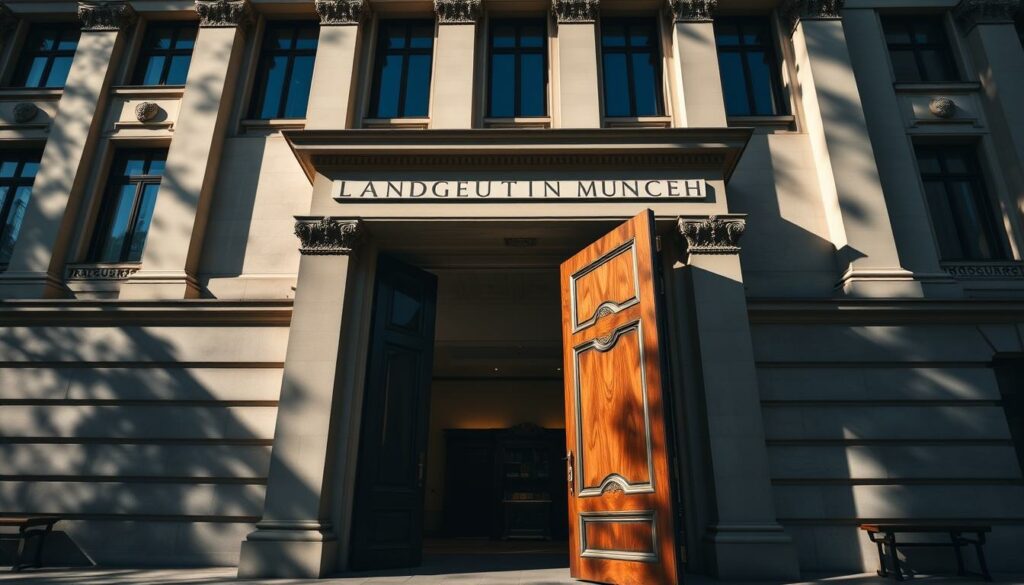 A grand, imposing courthouse facade, the "Landgericht München" (Munich District Court) dominates the frame, its neoclassical architecture exuding a sense of judicial authority. Sunlight casts dramatic shadows, highlighting the sharp lines and ornate details of the building. In the foreground, a heavy wooden door stands ajar, leading viewers into the solemn interior where a verdict is being delivered. The mood is somber, tinged with a hint of gravity, reflecting the weight of the decision being handed down within. The scene evokes a palpable sense of legal proceedings unfolding, setting the stage for the article's subject matter.