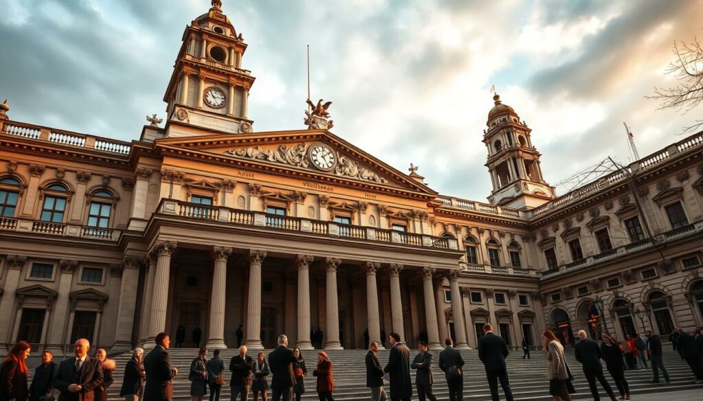 A grand, imposing courthouse in the heart of Vienna, Austria, bathed in warm, golden light. The facade features ornate columns, intricate carvings, and a clock tower that stands tall against the cloudy sky. In the foreground, a group of lawyers and spectators gather on the steps, engaged in lively discussions, their expressions conveying the gravity of the proceedings within. The scene exudes a sense of judicial authority and seriousness, befitting the weighty matters of the law being deliberated. Subtle shadows and highlights accentuate the architectural details, creating a sense of depth and grandeur. This image captures the essence of the judicial system in action, a fitting representation of the "Ermittlungen und juristische Perspektiven" section of the article.
