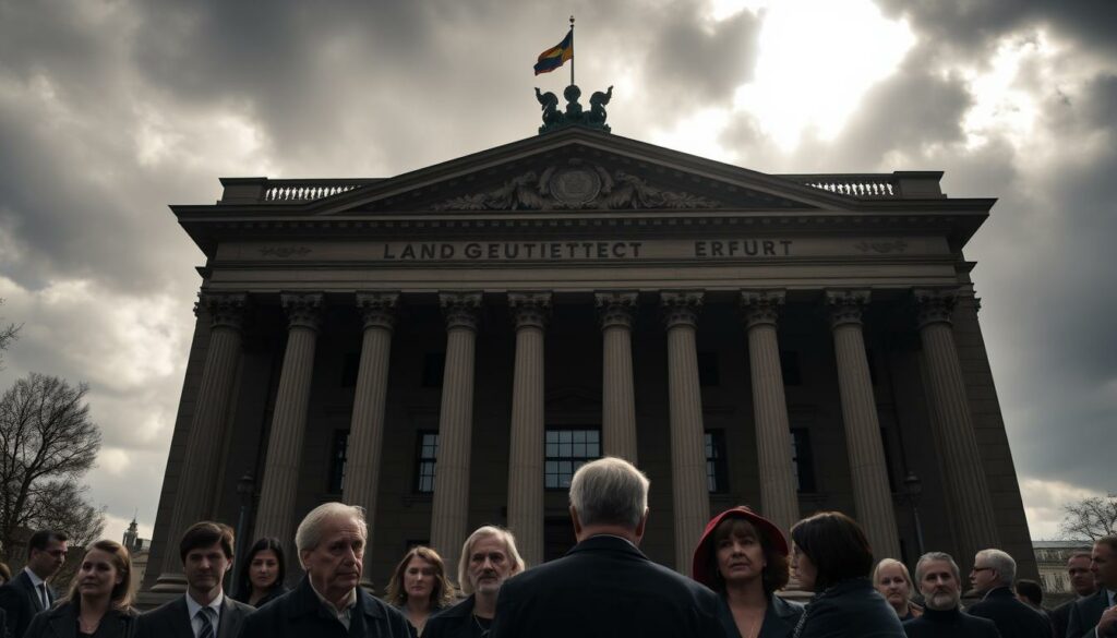 A grand, imposing courthouse stands tall, its neoclassical facade adorned with carved stone columns and pediments. The Landgericht Erfurt, a stately institution of justice, casts an authoritative presence against a moody, overcast sky. Sunlight filters through the clouds, casting dramatic shadows across the building's intricate architectural details. The scene conveys a sense of gravity and solemnity, befitting the serious matters that unfold within its halls. In the foreground, a group of somber-faced individuals, the accused and their legal counsel, gather in contemplation, their expressions reflecting the weight of the proceedings. The overall atmosphere evokes a sense of gravitas and the seriousness of the courtroom drama unfolding.