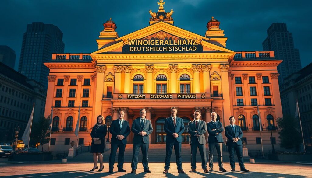 A grand, imposing edifice representing the Wirtschaftsallianz Deutschland, situated against a backdrop of a bustling metropolis. The façade is adorned with intricate architectural details, conveying a sense of strength, unity, and economic prowess. In the foreground, a group of influential business leaders and policymakers stand confidently, symbolizing the alliance's collaborative efforts to drive Germany's economic growth. Warm, directional lighting casts dramatic shadows, emphasizing the solidity and grandeur of the structure. The scene exudes an atmosphere of purpose, determination, and a shared vision for a prosperous future.