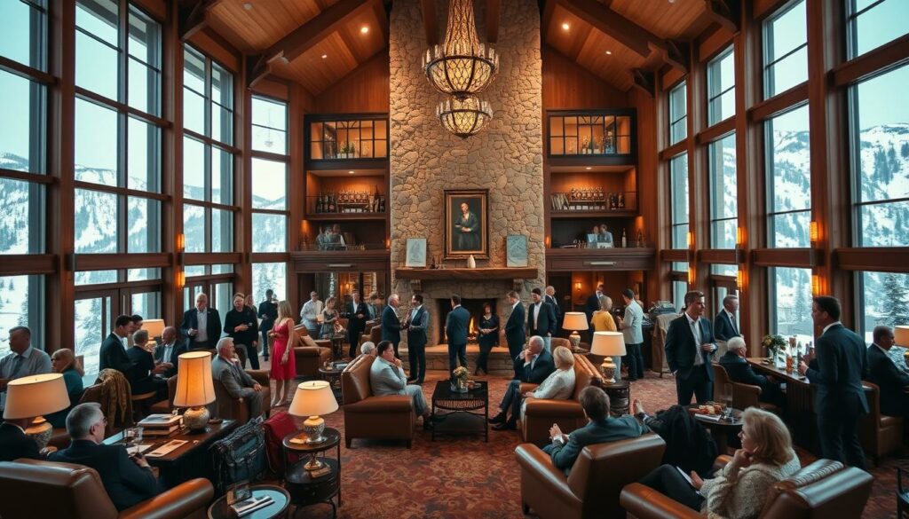 A grand, luxurious mountain lodge nestled in the heart of Sun Valley, Idaho. Stylish guests in elegant attire mingle and network in the grand lobby, its high ceilings and massive stone fireplace lending an air of exclusivity. Soft lighting casts a warm, intimate glow, while expansive windows offer breathtaking views of the snow-capped peaks beyond. In plush leather armchairs, powerful entrepreneurs, renowned innovators, and renowned socialites engage in hushed, conspiratorial conversations - the air thick with the scent of power, influence, and opportunity. An atmosphere of secrecy and privilege, where the elite gather to shape the future over fine whiskeys and rare cigars.
