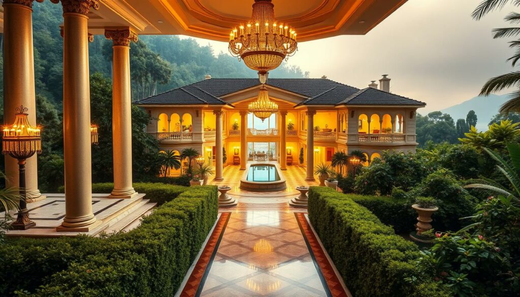 A grand, opulent villa nestled amidst lush, verdant gardens. The Benko family's palatial estate, a shimmering example of extravagant living. Towering columns flank the main entrance, leading to an expansive marble foyer bathed in warm, golden light. Magnificent chandeliers cast a soft glow upon the intricate parquet floors and plush, velvet furnishings. In the distance, a sprawling indoor pool shimmers, beckoning to be enjoyed. The villa's elegant facade is complemented by meticulously manicured hedges and a sweeping driveway lined with exotic, blooming flora. This is the luxurious world of the Benkos, a realm of opulence, indulgence, and unparalleled privilege.