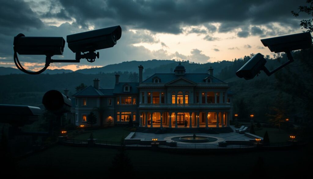 A grand, opulent villa nestled in the rolling hills, its facade adorned with intricate architectural details. High-resolution security cameras mounted at strategic vantage points, their lenses trained on the expansive grounds, capturing every movement with unwavering vigilance. The lighting is a moody, dramatic mix of natural sunlight filtering through the windows and the subtle glow of discreet floodlights, creating an air of mystery and suspense. The camera angles emphasize the sense of surveillance, with a mix of wide establishing shots and close-ups on the security hardware, conveying a palpable tension and a lingering sense of unease.