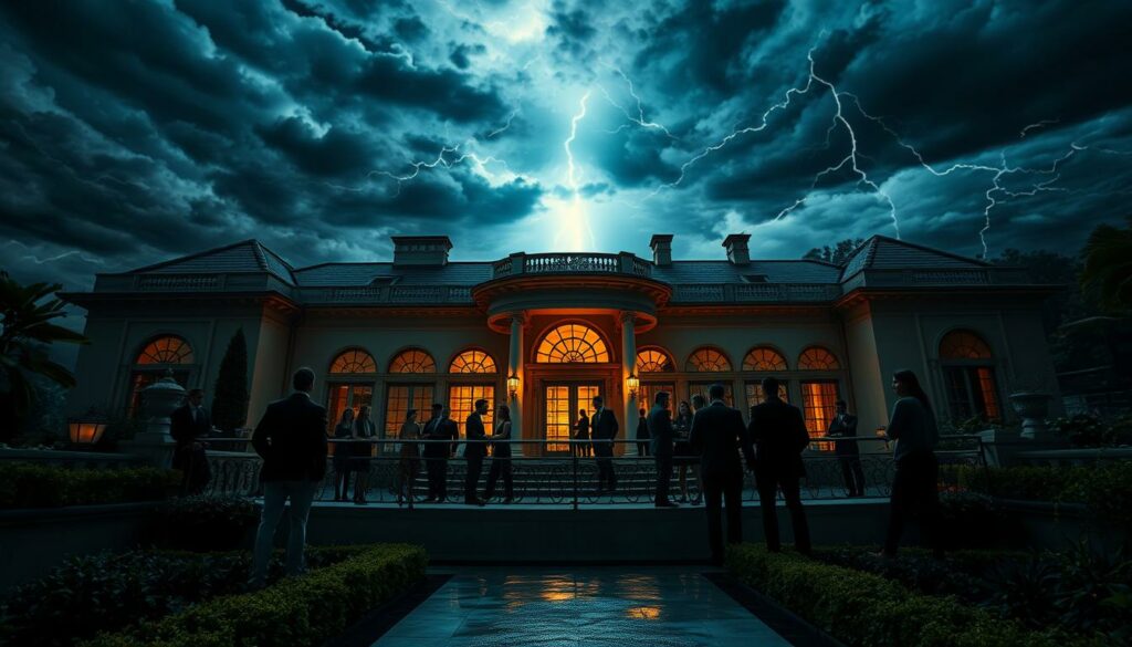 A grand, opulent villa set against a dramatic, stormy sky. In the foreground, the camera captures intense, gripping moments unfolding on the villa's terrace - guests engaged in heated discussions, passionate embraces, and tense standoffs. Moody lighting casts dramatic shadows, heightening the sense of tension and intrigue. The villa's elegant architecture and lush gardens provide a visually striking backdrop, while the swirling clouds and flashes of lightning add an ominous, foreboding atmosphere. The overall scene conveys the thrilling, captivating essence of the "Villa der Versuchung" show, drawing the viewer into the heart of the action.