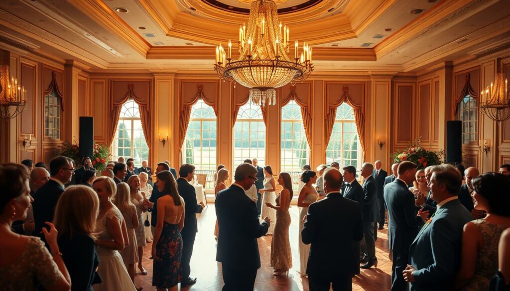 A grand, opulent wedding reception with a star-studded guest list. The elegant ballroom is bathed in a warm, soft light, creating a glamorous, intimate atmosphere. In the foreground, a group of well-dressed guests mingle and converse, their expressions animated as they greet one another. In the middle ground, a large, ornate chandelier hangs above the dance floor, where a few couples sway to the music. In the background, tall windows offer glimpses of the manicured gardens outside, hinting at the wealth and status of the occasion. The overall scene conveys a sense of exclusivity, high society, and the coming together of the rich and famous to celebrate a joyous union.