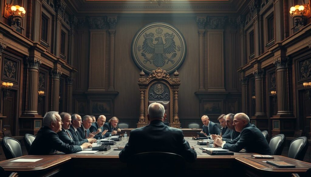 A grand, ornate hall with high ceilings and ornate columns. In the center, a large table with government officials debating animatedly, their faces etched with concern. Behind them, an imposing, ornate throne-like chair, symbolizing the power of the opposition. Soft, dramatic lighting casts long shadows, creating a sense of tension and gravity. In the background, a massive, looming government seal or insignia, casting an imposing presence. The overall scene conveys a sense of weighty, high-stakes political discourse around the Schuldenbremse and government finances.