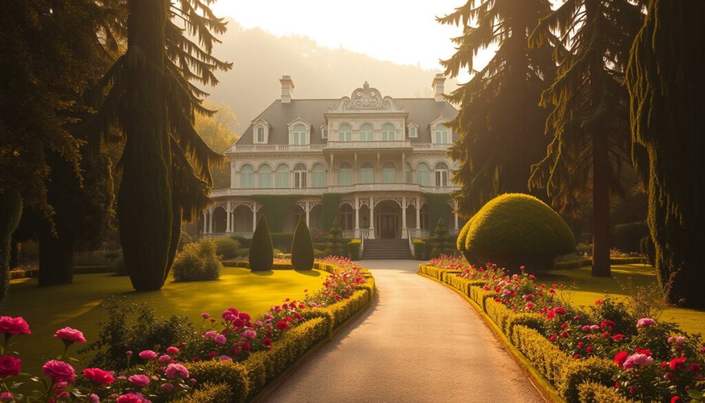 A grand, ornate villa nestled amidst a lush, verdant landscape, its stately facade bathed in warm, golden sunlight. Intricate architectural details, such as ornate balconies and arched windows, add to the building's regal charm. In the foreground, a path winds through a meticulously manicured garden, flanked by vibrant flowers and towering trees. The atmosphere is one of quiet contemplation, tinged with a sense of nostalgia and the weight of past relationships. A soft, hazy glow permeates the scene, creating a dreamlike, almost ethereal quality. The overall impression is one of a grand, but bittersweet, retreat - a place where the challenges of past connections must be confronted and overcome.