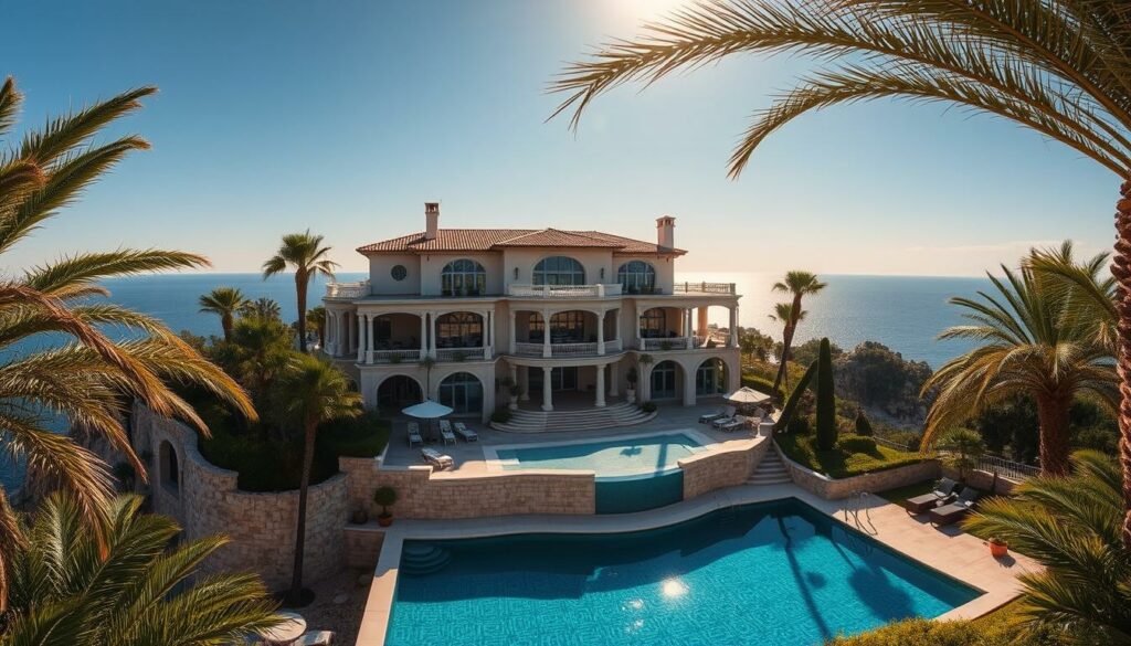 A grand seaside villa nestled atop a cliff, its stately elegance commanding the azure horizon. Swaying palms and lush gardens frame the lavish property, a private oasis for the world's elite. The sun's golden rays filter through towering arched windows, casting a warm glow over the opulent interiors. A gleaming infinity pool seemingly merges with the shimmering Balearic Sea beyond. Discreet security personnel patrol the perimeter, safeguarding the privacy of high-profile guests seeking a tranquil escape from the spotlight. This is Mallorca, the Mediterranean's premier VIP-Hotspot, a secluded haven for the wealthy and famous to indulge in the finer things in life.