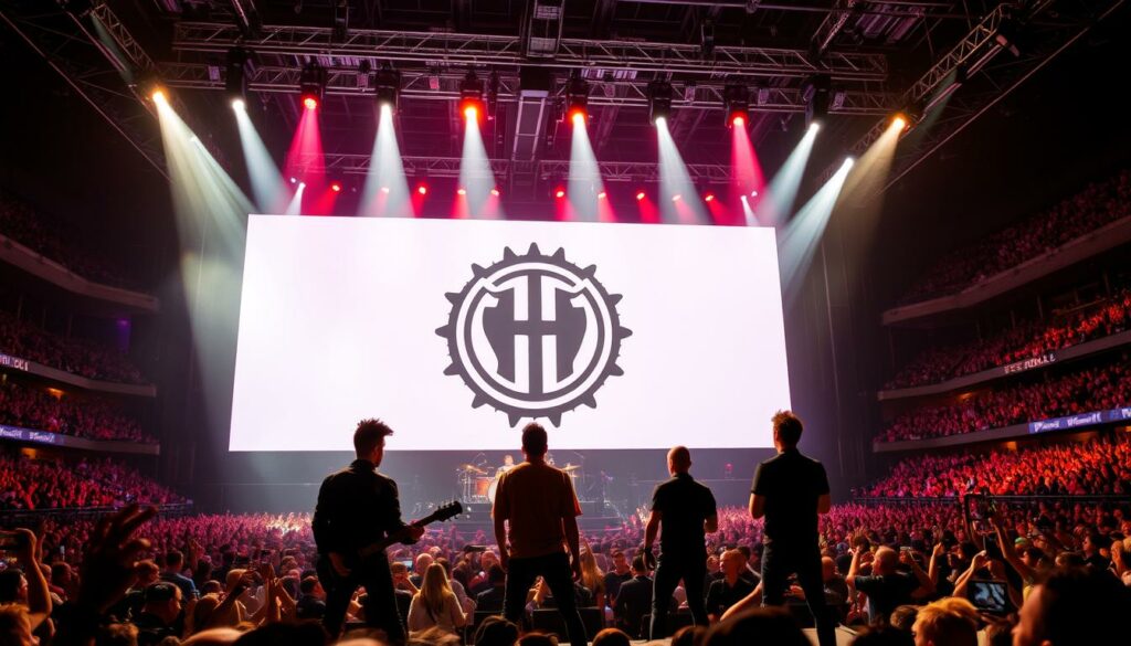 A grand stage bathed in vibrant spotlights, the iconic members of the German rock band Tokio Hotel stand tall, their electrifying presence commanding the attention of a packed arena. In the foreground, lead vocalists Bill and Tom Kaulitz, with their signature hairstyles and bold fashion choices, captivate the audience with their magnetic stage presence. The middle ground features the band's skilled instrumentalists, their fingers dancing across their instruments, creating a dynamic and powerful soundscape. In the background, a massive projection screen displays the band's iconic logo, symbolizing their global musical dominance and the culmination of their remarkable career journey. The scene exudes a sense of energy, triumph, and the unwavering determination that has propelled Tokio Hotel to the pinnacle of the music industry.