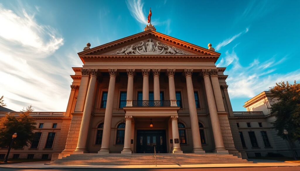 A grand, stately courthouse standing tall in the heart of Naumburg, its neoclassical facade bathed in warm, golden light. Majestic columns and ornate carvings adorn the entrance, conveying a sense of authority and justice. The building's symmetry and imposing presence command respect, mirroring the gravity of the legal proceedings that take place within. Wispy clouds drift overhead, casting subtle shadows across the intricate architectural details. The scene exudes a sober, solemn atmosphere, befitting the weighty matters of the law that are deliberated here.