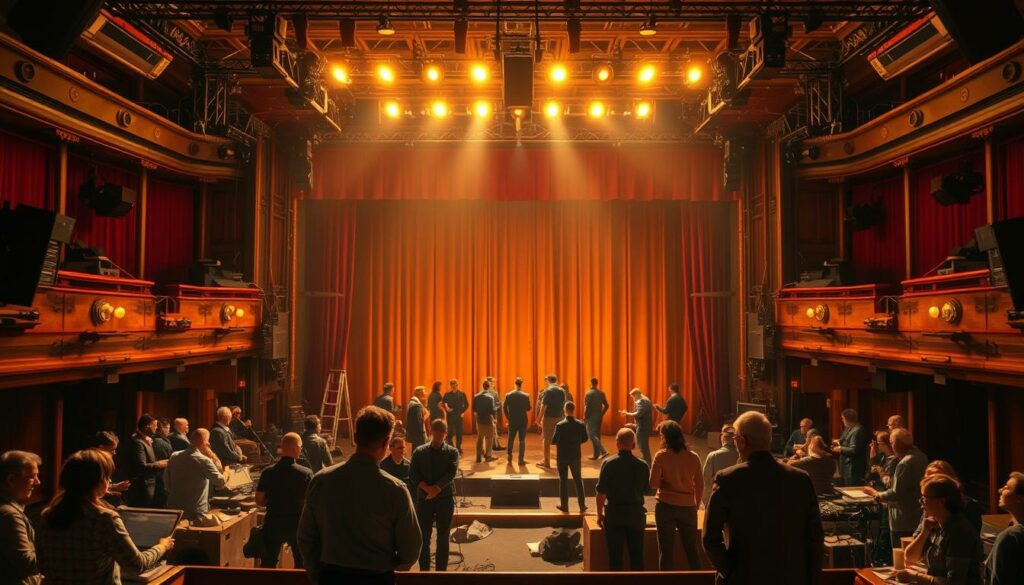 A grand theater stage, the focal point of a bustling backstage scene. In the foreground, a group of dedicated stage crew members diligently work, adjusting lighting, moving sets, and ensuring the seamless flow of the performance. The middle ground reveals the intricate web of pulleys, ropes, and stage machinery, a testament to the technical mastery required to bring a production to life. In the background, a sense of anticipation and excitement permeates the air as the performers prepare to take the stage, their silhouettes visible through the half-drawn curtains. Warm, golden lighting casts a subtle glow, heightening the atmosphere of creativity and professionalism. The overall scene captures the essence of the unsung heroes who make the magic of theater possible, a fitting illustration for the "Karrierehighlights eines vielseitigen Schauspielers".