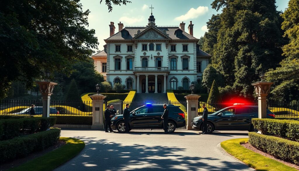 A grand villa nestled in a lush, verdant landscape, the Lombardi estate stands tall and imposing. Amidst the manicured gardens, a flurry of police activity unfolds as officers converge on the scene, their uniforms crisp and their expressions stern. The villa's ornate architecture casts dramatic shadows, creating a moody, high-contrast atmosphere. A pair of sleek black vehicles, their lights flashing, are parked at the gated entrance, hinting at the gravity of the situation within. The image captures the tension and suspense of this unfolding event, inviting the viewer to imagine the events that have transpired behind the villa's stately facade.