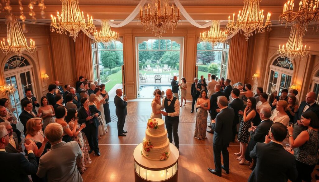 A grand wedding reception unfolds, bathed in the warm glow of chandeliers and fairy lights. In the foreground, smartly dressed guests mingle and sip champagne, their laughter and chatter filling the air. The newlyweds stand at the center, radiating joy as they cut a towering, tiered cake. Beyond them, a spacious dance floor beckons, where couples glide across the polished parquet, their elegant movements captured by a team of professional photographers. In the background, an opulent garden can be glimpsed through large windows, promising a lively poolside after-party under the stars. The scene exudes an atmosphere of sophisticated celebration, where every detail has been meticulously planned to honor the special occasion.