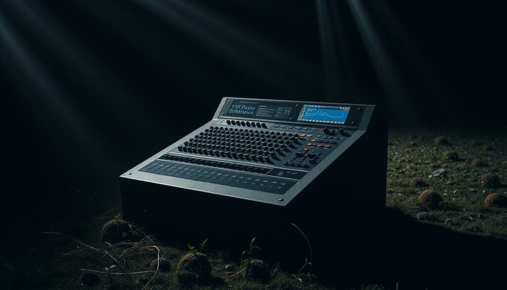 A gravestone in the shape of a professional mixing console stands prominently in a dimly lit cemetery. The intricate details of the faux mixing desk are meticulously crafted, with knobs, sliders, and display panels that appear functional. Beams of soft, directional lighting cast dramatic shadows, creating a somber and contemplative atmosphere. The grave is surrounded by a sparse scattering of overgrown weeds and moss-covered headstones, hinting at the significance of this particular memorial. The scene evokes a sense of the musician's legacy and the lasting impact of their creative work, even in the afterlife.