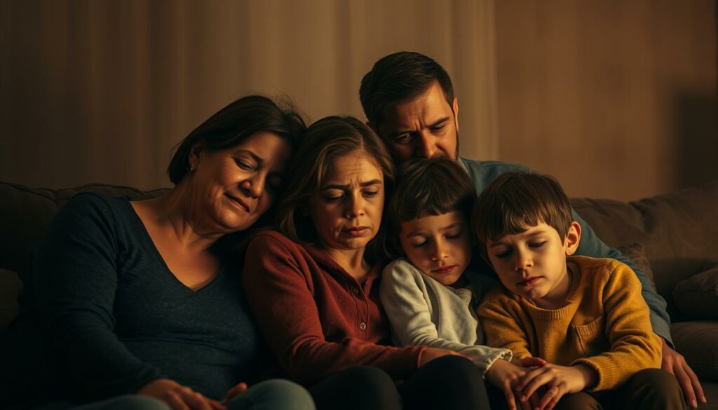 A grieving family gathered in a dimly lit living room, the Chapman family's solemn expressions conveying their profound sorrow. The mother, father, and siblings sit huddled together, their faces cast in a warm, golden light that accentuates the tear-stained cheeks and downcast eyes. The background is hazy, with muted tones and a sense of privacy, creating an intimate and introspective atmosphere. The composition is balanced, with the family members occupying the central focus, their body language and posture reflecting the weight of their grief. The overall mood is one of solemnity, empathy, and a plea for privacy during this difficult time.