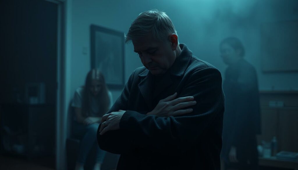 A grieving family stands in a somber scene, the Hauser household enveloped in a muted, melancholic atmosphere. In the foreground, a middle-aged man and woman, their faces etched with profound sorrow, embrace tightly, tears streaming down their cheeks. In the background, a teenage girl sits hunched, her head buried in her hands, her body shaking with grief. The lighting is low and diffused, casting a somber, almost ethereal glow over the scene, as if to mirror the family's anguish. The composition is tightly framed, placing the figures at the center, emphasizing the intimacy and intensity of their mourning. The overall mood is one of deep, overwhelming sadness, a family united in their profound loss.