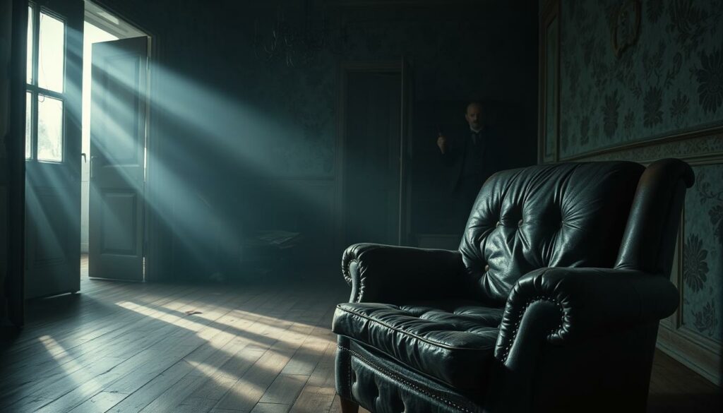 A grim, unsettling scene set in the dimly lit interior of a dilapidated house in Zwiesel. The floorboards creak underfoot, casting ominous shadows across the room. In the foreground, a worn leather armchair sits empty, its cushions stained and tattered. The walls are adorned with peeling wallpaper, hinting at the horrors that have unfolded within. In the middle ground, a shadowy figure stands amidst the clutter, face obscured, as the investigator examines the crime scene with a solemn expression. The background is shrouded in a sense of unease, with a hazy, almost dreamlike quality, emphasizing the gravity and weight of the situation. The lighting is muted, evoking a somber, melancholic atmosphere befitting the grim discoveries made within this house of horrors.
