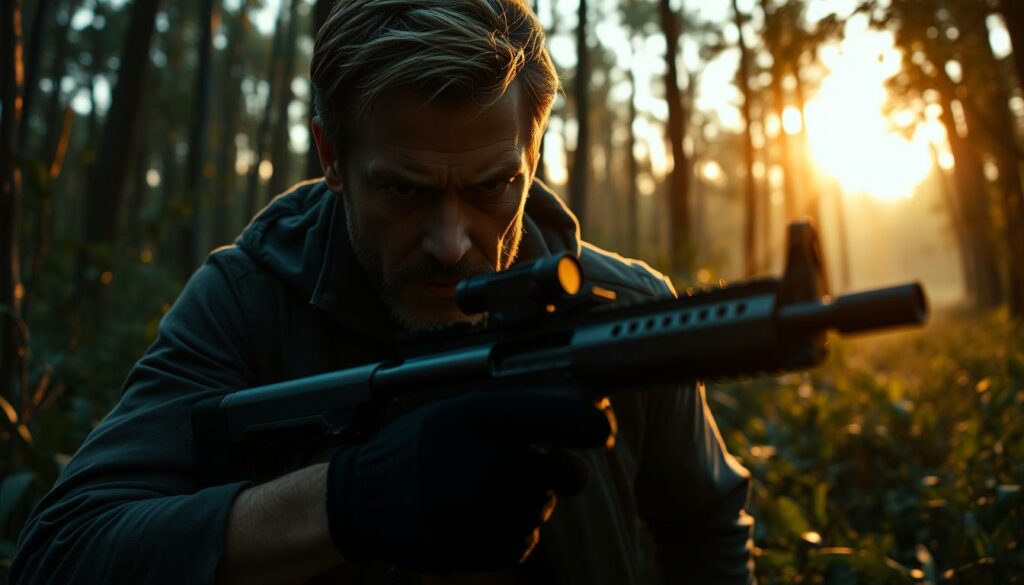 A gripping action thriller scene in "Hunt Mode": A rugged, weathered Til Schweiger stalks through a dense, shadowy forest, his eyes narrowed in intense focus. Intense backlighting from the setting sun casts dramatic, angular shadows across his determined expression. In the foreground, a sleek, state-of-the-art rifle is clutched in his gloved hands, ready for any sudden danger. The middle ground is filled with lush, tangled undergrowth, hinting at the perilous terrain. In the distance, a sense of impending threat lurks, heightening the tension. The overall mood is one of heightened suspense, adrenaline, and a relentless, predatory intensity as Til Schweiger's character enters "Hunt Mode".