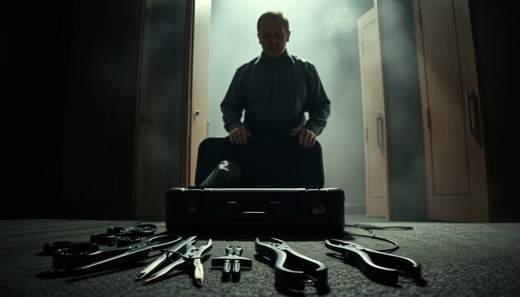A grisly scene unfolds: a hotel porter stands over a suitcase, his expression cold and calculating. The dimly lit room casts ominous shadows, creating an unsettling atmosphere. In the foreground, a collection of tools - cable ties, pliers, and other sinister implements - lie arranged, hinting at the disturbing events that have transpired. The middle ground is dominated by the ominous suitcase, its contents a horrifying secret. The background is shrouded in a haze, adding to the sense of dread and unease. The image captures the chilling moment when a routine hotel task turns into a gruesome act of violence, leaving the viewer to ponder the dark undercurrents of this tragic scenario.