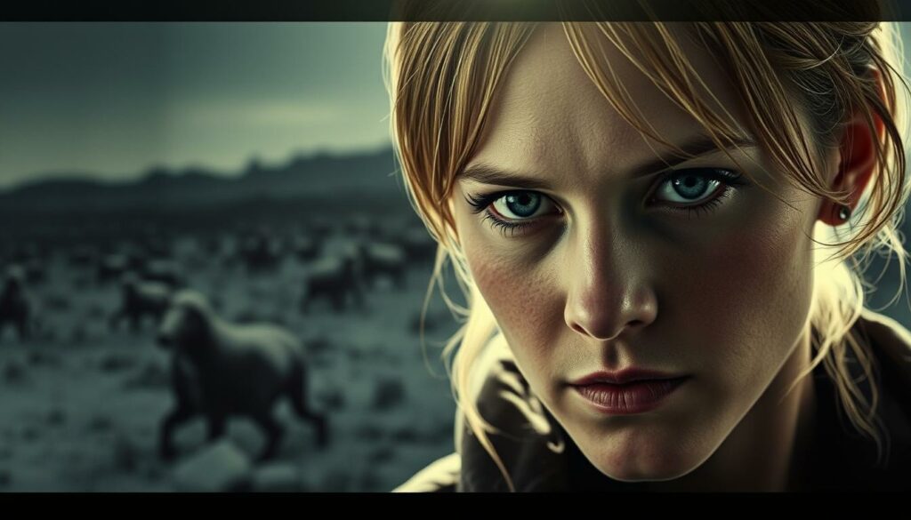 A gritty, atmospheric movie poster for the 2010 independent film "Winter's Bone". In the foreground, a close-up of a young, determined Jennifer Lawrence, her eyes piercing the viewer with a steely, resolute gaze. Backlighting casts dramatic shadows across her face, hinting at the hardships and struggles of the character she portrays. The middle ground features a rugged, snow-covered landscape, evoking the remote, impoverished Ozark setting of the film. Muted, earthy tones dominate the color palette, creating a somber, wintry mood. Subtle film grain and a slightly desaturated aesthetic lend an authentic, cinéma vérité feel. The overall composition and lighting convey the grim realities and quiet determination at the heart of this breakout performance that launched Jennifer Lawrence's meteoric rise to Hollywood stardom.