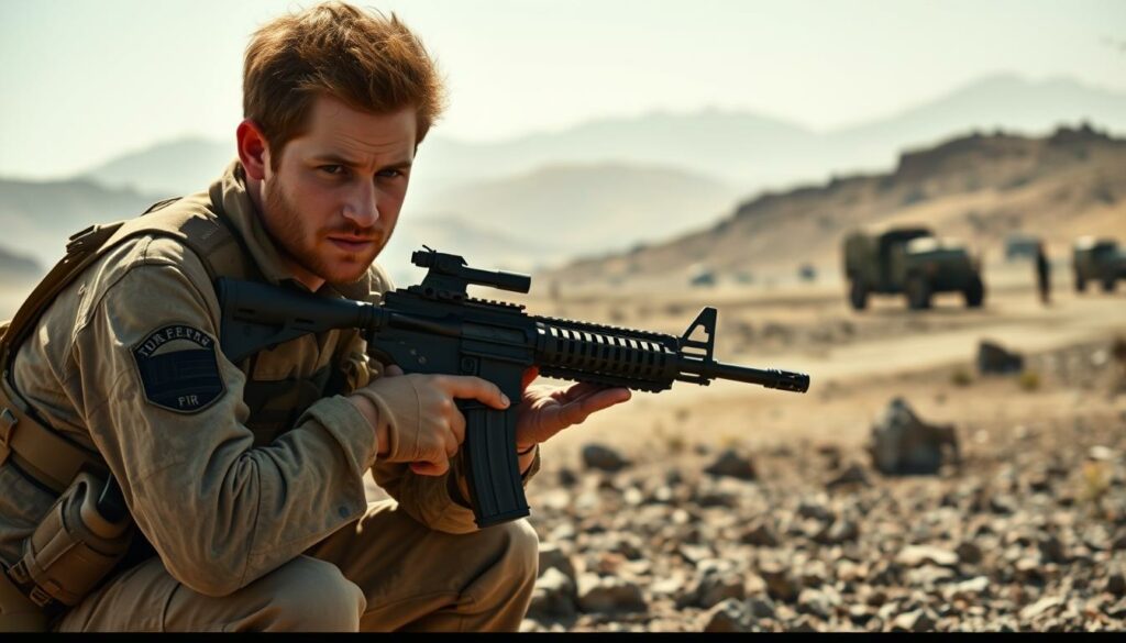 A gritty, photo-realistic depiction of Prince Harry's military service in Afghanistan. In the foreground, a rugged soldier in desert camouflage uniform crouches in a combat position, rifle at the ready, eyes narrowed with focus. The middle ground reveals the harsh, arid Afghan landscape - rocky hills, sparse vegetation, and a hazy sky. In the background, the silhouettes of military vehicles and the faint outlines of other soldiers convey the larger context of the warzone. The lighting is harsh, casting deep shadows that accentuate the intensity of the scene. The overall mood is one of tension, duty, and the weight of a military career forged in the crucible of conflict.