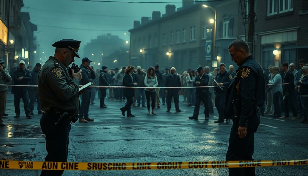 A gritty, realistic scene of a police investigation at the site of a violent altercation. In the foreground, police officers in uniforms and forensic investigators meticulously comb the area, collecting evidence and documenting the scene with cameras and notepads. In the middle ground, a police cordon keeps onlookers at a distance, their faces etched with a mix of curiosity and concern. The background is shrouded in a moody, overcast atmosphere, with dimly lit buildings and a sense of tension and unease permeating the air. The lighting is muted, casting long shadows and emphasizing the seriousness of the situation. The overall mood is somber and intense, reflecting the gravity of the incident and the diligent efforts of the authorities to uncover the truth.