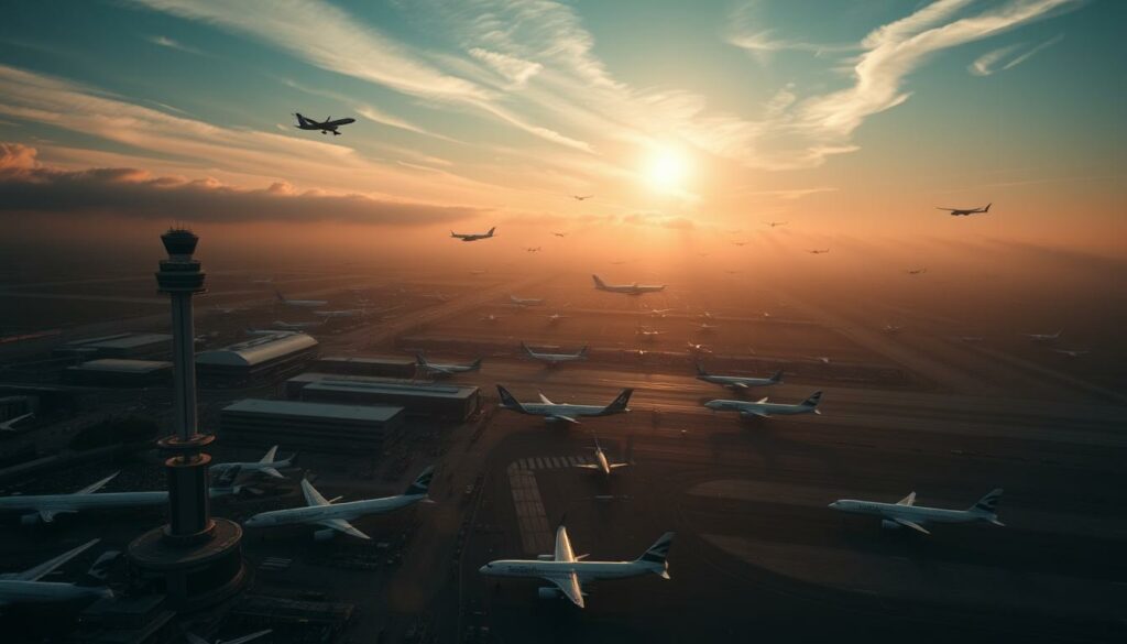 A grounded, twilight-tinged aerial view of a major international airport, with a diverse fleet of passenger jets, cargo planes, and private aircraft taking off and landing against a backdrop of towering control towers, crowded terminals, and sprawling runways. Diffused sunlight filters through wispy clouds, casting long shadows and a sense of tension and disruption. The scene conveys the scale, complexity, and critical role of air travel, as well as the potential for unexpected events to cascade through this delicately balanced system.
