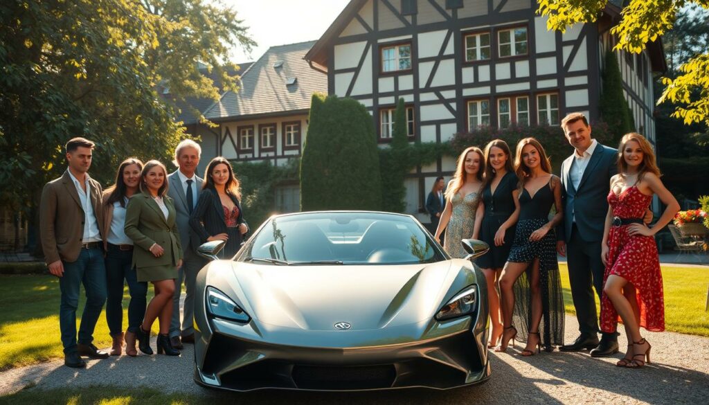 A group of fashionable, charismatic couples posing confidently in the picturesque setting of the "Forsthaus Rampensau" estate. Sunlight filters through the lush foliage, casting a warm, golden glow on their impeccably styled outfits. The couples exude an air of celebrity, their expressions a mix of charm and playfulness. In the middle ground, a sleek, modern sports car hints at the high-profile lifestyles of these new "Forsthaus Rampensau" stars. The background features the stately, half-timbered facade of the historic manor house, creating a visually striking contrast between tradition and contemporary glamour.