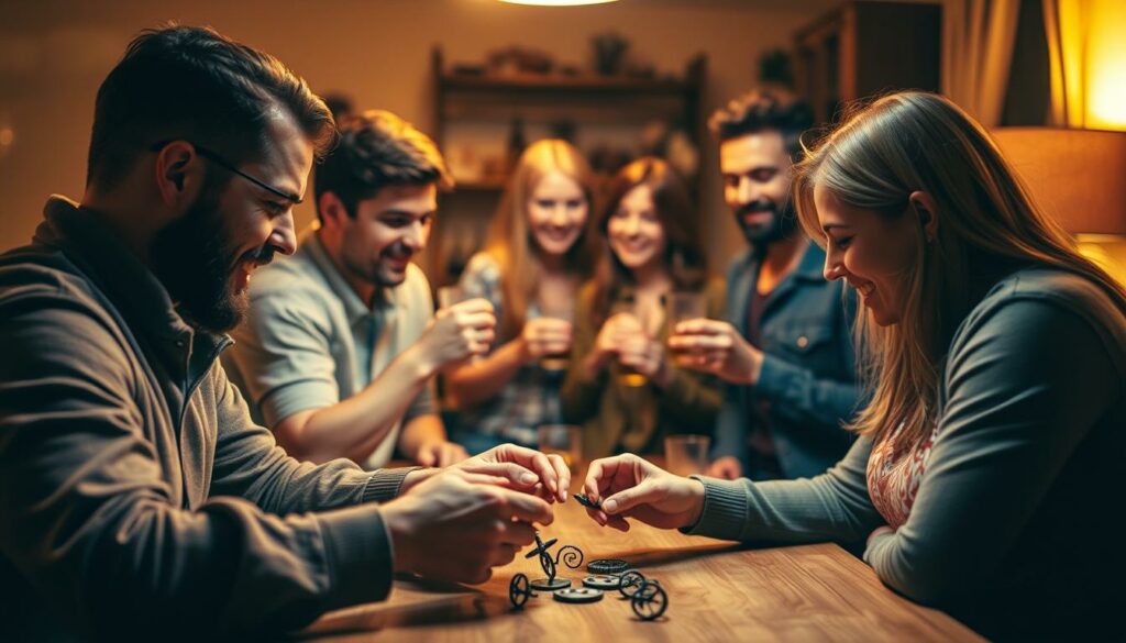 A group of friends gathered around a table, engaged in a lively dexterity game. The scene is bathed in warm, golden lighting, casting a cozy, intimate atmosphere. In the foreground, two players intently manipulate small, intricate objects, their expressions focused and competitive. In the middle ground, other friends watch on, eagerly anticipating their turns, drinks in hand. The background is blurred, but hints at a comfortable, domestic setting, perhaps a living room or a bar. The overall mood is one of camaraderie, playfulness, and the joy of shared experience.